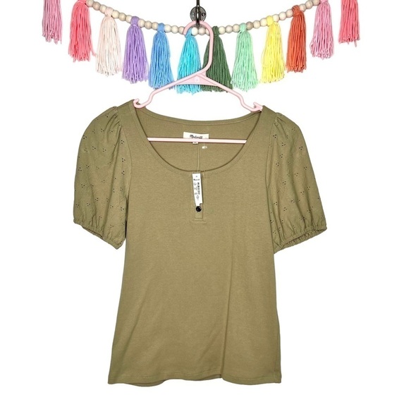 Madewell Olive Green Eyelet Sleeve Henley Short Sleeve Top Size Extra Small NWT - Picture 10 of 15